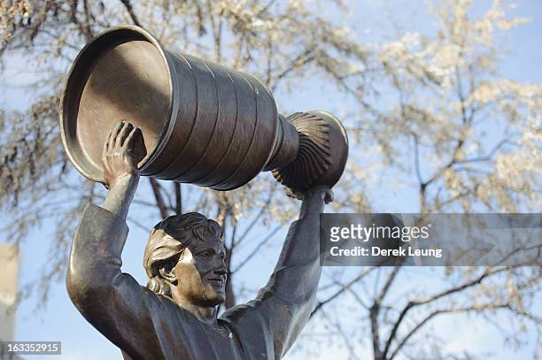 View of the Wayne Gretzky statue outside of Rexall Place seen before an NHL game between the Edmonton Oilers and the Phoenix Coyotes on February 23,...