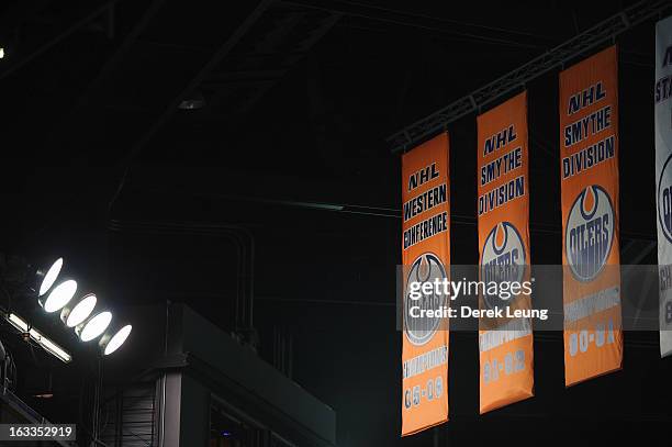 The Edmonton Oilers' various Stanley Cup, Smythe Division, President's Trophy, Western Conference and Campbell Conference banners as photographed...