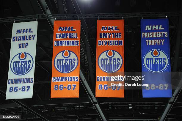 The Edmonton Oilers' various Stanley Cup, Smythe Division, President's Trophy, Western Conference and Campbell Conference banners as photographed...