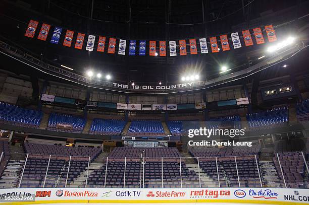 The Edmonton Oilers' various Stanley Cup, Smythe Division, President's Trophy, Western Conference and Campbell Conference banners as photographed...