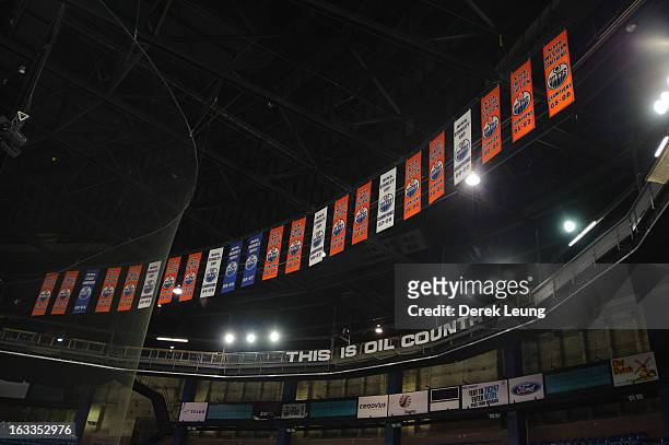 The Edmonton Oilers' various Stanley Cup, Smythe Division, President's Trophy, Western Conference and Campbell Conference banners as photographed...