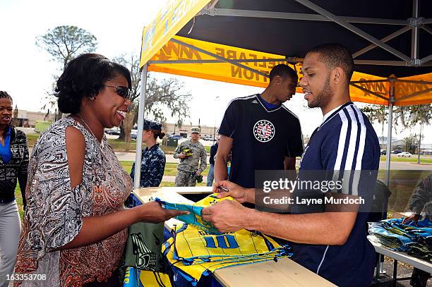 Eric Gordon and Anthony Davis of the New Orleans Hornets meet with local military personnel thanking them for their service on March 7, 2013 at the...