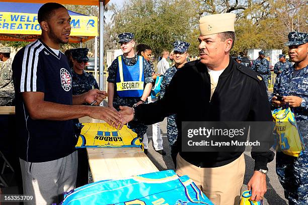 Eric Gordon of the New Orleans Hornets meets with local military personnel thanking them for their service on March 7, 2013 at the Joint Reserve Base...