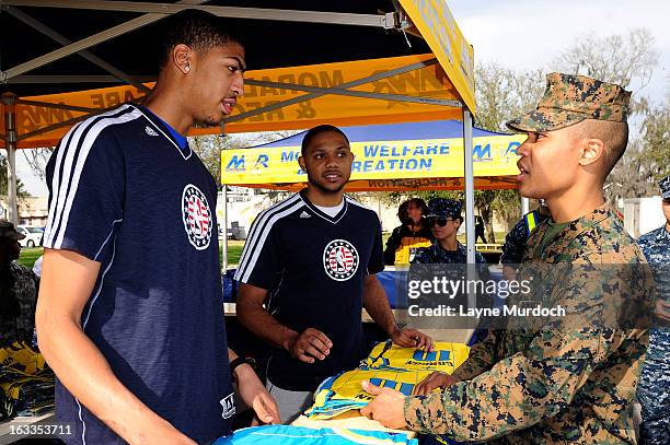 Eric Gordon and Anthony Davis of the New Orleans Hornets meet with local military personnel thanking them for their service on March 7, 2013 at the...