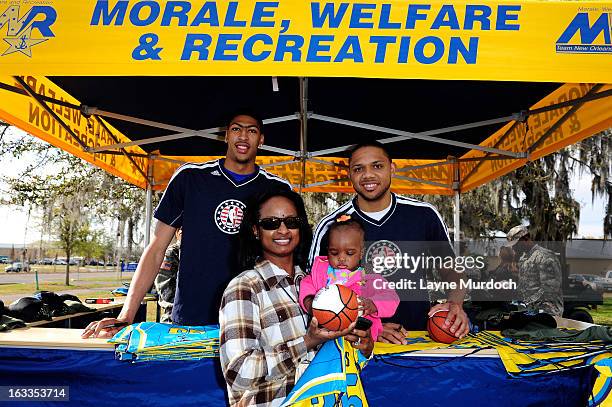 Eric Gordon and Anthony Davis of the New Orleans Hornets meet with local military personnel thanking them for their service on March 7, 2013 at the...