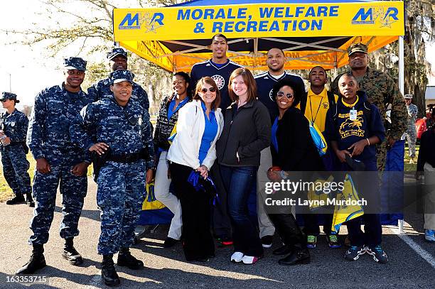 Eric Gordon and Anthony Davis of the New Orleans Hornets meet with local military personnel thanking them for their service on March 7, 2013 at the...