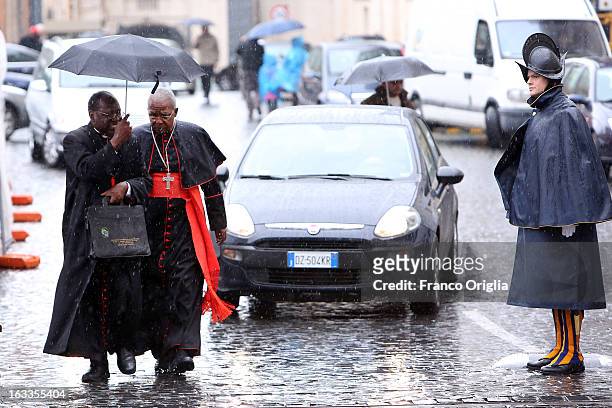 Archbishop of Kinshasa Laurent Monsengwo Pasinya and a collegue from Africa leave the Paul VI Hall at the end of the seventh general congregation on...