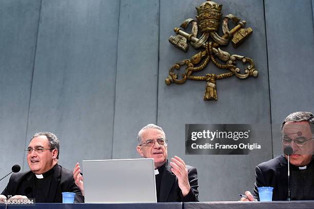 Vatican spokesman father Federico Lombardi attends a briefing on the seventh general congregation of cardinals at the Holy See press room on March 8,...