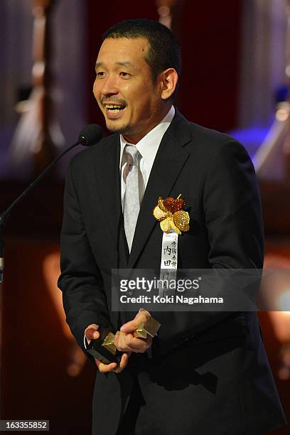 Kenji Uchida accepts Best Screenplay Award during the 36th Japan Academy Prize Award Ceremony at Grand Prince Hotel Shin Takanawa on March 8, 2013 in...