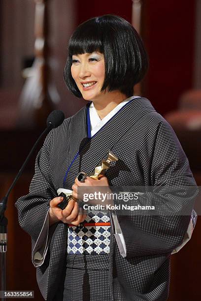 Kimiko Yo accepts Best Actress in a Supporting Role Award during the 36th Japan Academy Prize Award Ceremony at Grand Prince Hotel Shin Takanawa on...