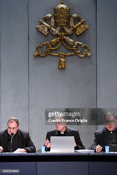 Vatican spokesman father Federico Lombardi attends a briefing on the seventh general congregation of cardinals at the Holy See press room on March 8,...