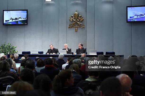 Vatican spokesman father Federico Lombardi attends a briefing on the seventh general congregation of cardinals at the Holy See press room on March 8,...