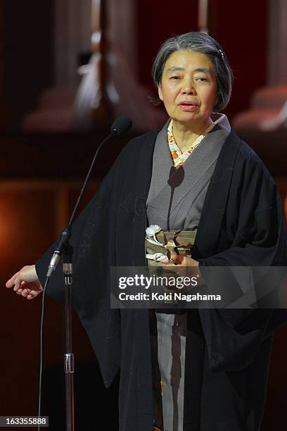 Kirin Kiki accepts Best Actress in a Leading Role Award during the 36th Japan Academy Prize Award Ceremony at Grand Prince Hotel Shin Takanawa on...