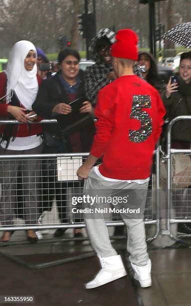 Justin Bieber seen returning to his hotel on March 8, 2013 in London, England.