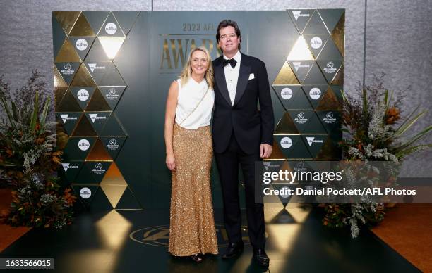 Gillon McLachlan, Chief Executive Officer of the AFL and wife Laura pose during the 2023 AFL Awards at Centrepiece on August 30, 2023 in Melbourne,...