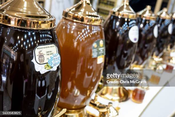 Turkey's famous pine honey is seen for sale at a high end oney shop on August 23, 2023 in Istanbul, Turkey. Turkey is the world's second largest...