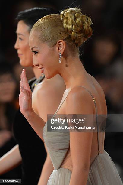 Actress Erika Sawajiri walks the red carpet during the 36th Japan Academy Prize Award Ceremony at Grand Prince Hotel Shin Takanawa on March 8, 2013...