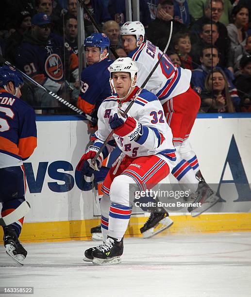 Micheal Haley of the New York Rangers skates against the New York Islanders at the Nassau Veterans Memorial Coliseum on March 7, 2013 in Uniondale,...