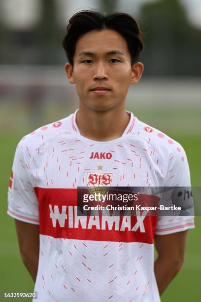 Wooyeong Jeong of VfB Stuttgart poses during the team presentation at Training ground of VfB Stuttgart on August 09, 2023 in Stuttgart, Germany.