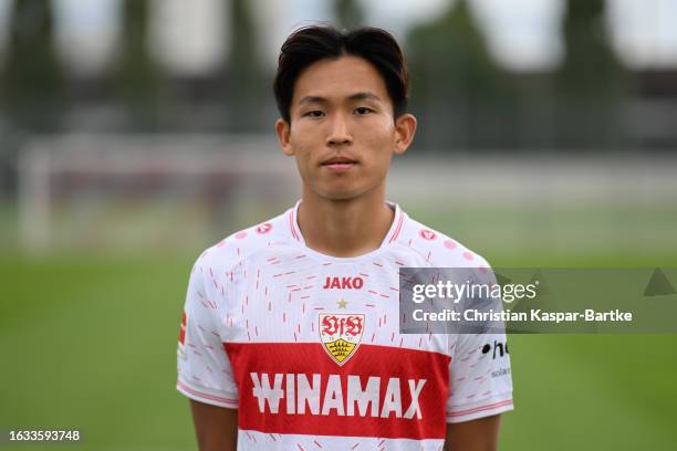 Wooyeong Jeong of VfB Stuttgart poses during the team presentation at Training ground of VfB Stuttgart on August 09, 2023 in Stuttgart, Germany.