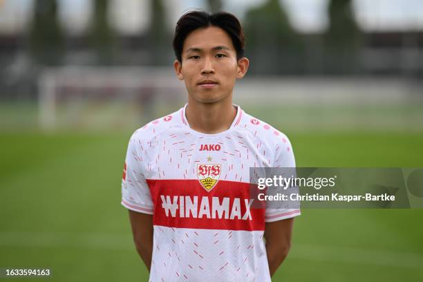 Wooyeong Jeong of VfB Stuttgart poses during the team presentation at Training ground of VfB Stuttgart on August 09, 2023 in Stuttgart, Germany.