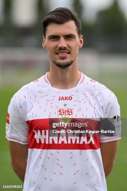 Pascal Stenzel of VfB Stuttgart poses during the team presentation at Training ground of VfB Stuttgart on August 09, 2023 in Stuttgart, Germany.