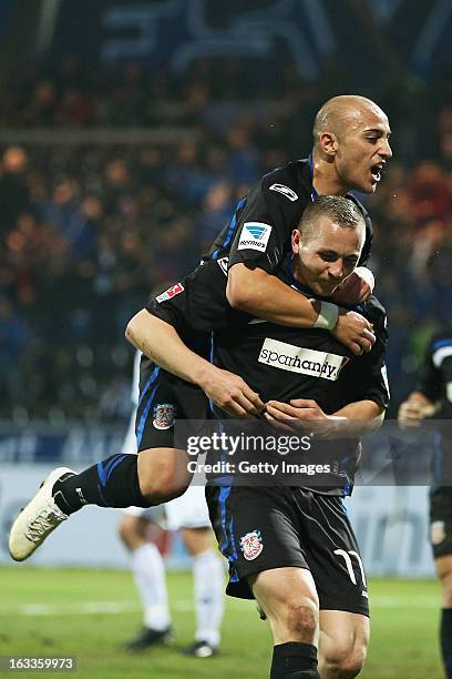 John Verhoek of Frankfurt celebrates his team's first goal with Zafer Yelen of Frankfurt during the Second Bundesliga match between FSV Frankfurt and...