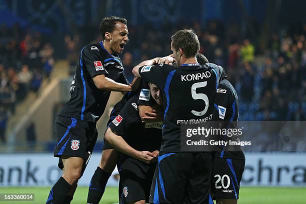 John Verhoek of Frankfurt celebrates his team's first goal with his team mates during the Second Bundesliga match between FSV Frankfurt and VfR Aalen...