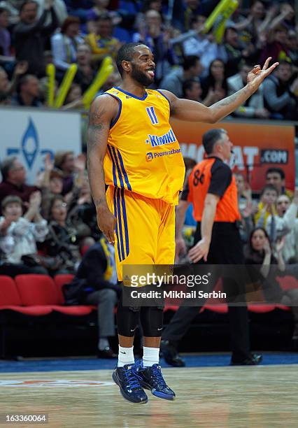 Kelvin Rivers, #11 of BC Khimki Moscow Region reacts during the 2012-2013 Turkish Airlines Euroleague Top 16 Date 10 between BC Khimki Moscow Region...