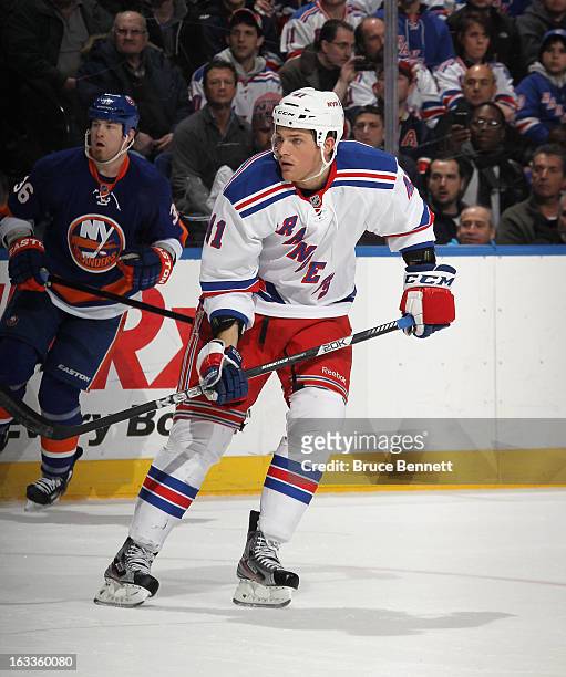 Stu Bickel of the New York Rangers skates against the New York Islanders at the Nassau Veterans Memorial Coliseum on March 7, 2013 in Uniondale, New...