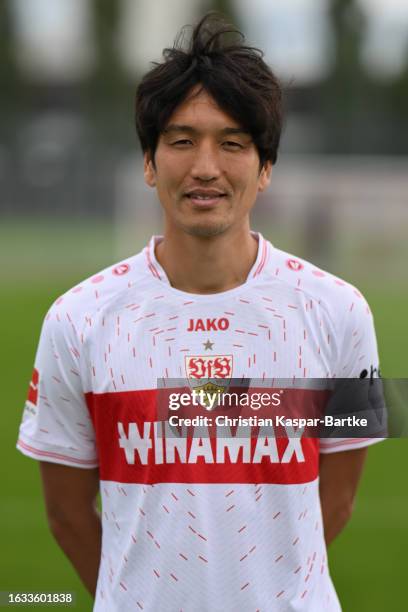 Genki Haraguchi of VfB Stuttgart poses during the team presentation at Training ground of VfB Stuttgart on August 09, 2023 in Stuttgart, Germany.