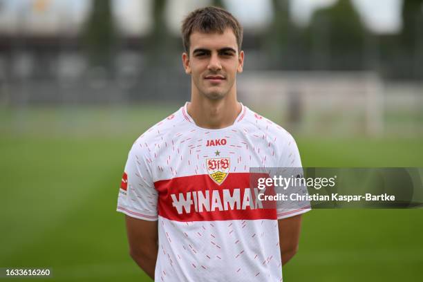 Jovan Milosevic of VfB Suttgart poses during the team presentation at Training ground of VfB Stuttgart on August 09, 2023 in Stuttgart, Germany.