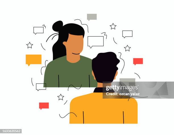 ilustraciones, imágenes clip art, dibujos animados e iconos de stock de ilustración vectorial de estilo plano, discutir redes sociales, noticias, chat, burbujas de diálogo de diálogo. diseño colorido de un hombre y una mujer hablando. - personas hablando