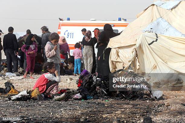 General scene of the aftermath of a fire which broke out in Al Zaatari camp for Syrian refugees on March 8, 2013 in Zaatari, Jordan. No refugees were...