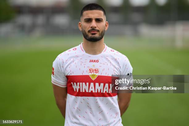 Deniz Undav of VfB Suttgart poses during the team presentation at Training ground of VfB Stuttgart on August 09, 2023 in Stuttgart, Germany.