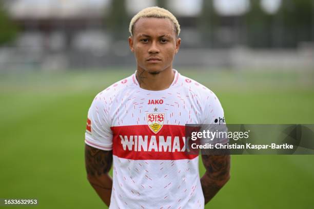 Roberto Massimo of VfB Stuttgart poses during the team presentation at Training ground of VfB Stuttgart on August 09, 2023 in Stuttgart, Germany.