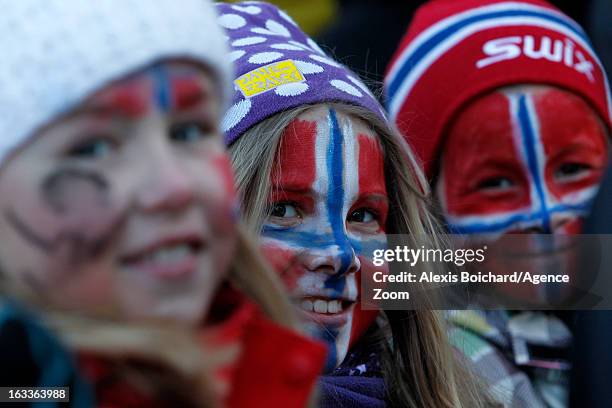 Supporters attend the FIS Freestyle Ski World Championship Men's and Women's Dual Moguls on March 08, 2013 in Voss, Norway.