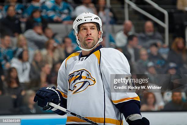 David Legwand of the Nashville Predators in a game against the San Jose Sharks at the HP Pavilion on March 2, 2013 in San Jose, California. The...