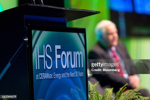 CERAWeek signage is seen as Frederick "Fred" Smith, president and chief executive officer of FedEx Corp., speaks during the 2013 conference in...