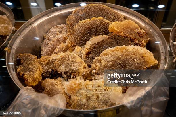 Honeycomb is seen for sale at a high-end honey shop on August 23, 2023 in Istanbul, Turkey. Turkey is the world's second largest honey producer after...