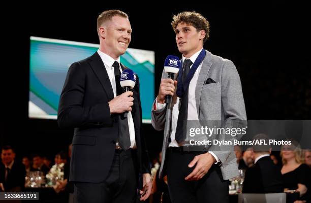 Charlie Curnow of the Blues is interviewed by Jack Riewoldt of the Tigers during the 2023 AFL Awards at Centrepiece on August 30, 2023 in Melbourne,...