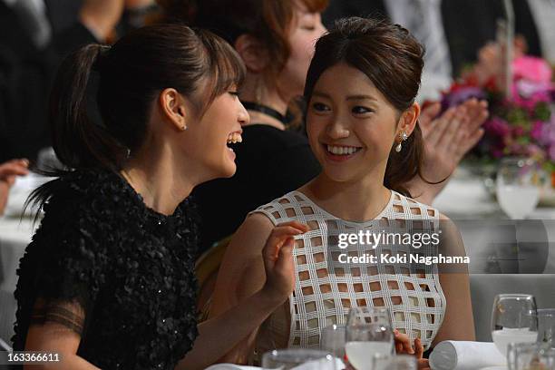 Atsuko Maeda and Yuko Oshima talk during the 36th Japan Academy Prize Award Ceremony at Grand Prince Hotel Shin Takanawa on March 8, 2013 in Tokyo,...