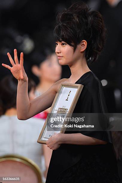 Actress Ai Hashimoto accepts Award for New star during the 36th Japan Academy Prize Award Ceremony at Grand Prince Hotel Shin Takanawa on March 8,...