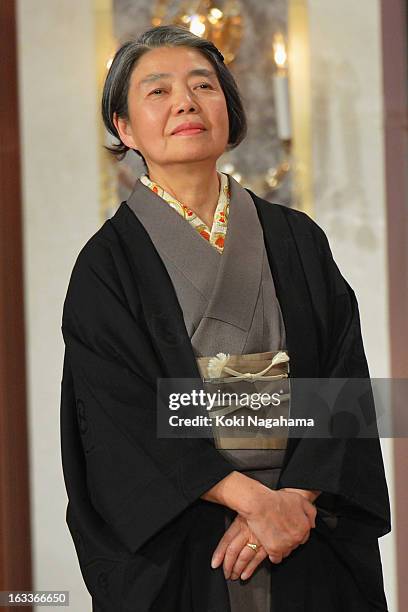 Actress Kirin Kiki accepts Best Actress in a Leading Role Award during the 36th Japan Academy Prize Award Ceremony at Grand Prince Hotel Shin...