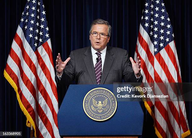 Former Florida Governor Jeb Bush speaks at the Reagan Library about his new book "Immigration Wars: Forging an American Solution" on March 8, 2013 in...