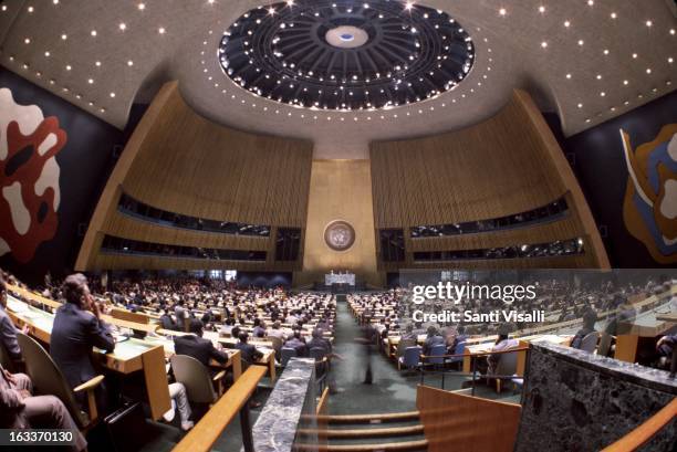 Interior view of the General Assembly room at the United Nations on September 18, 1985 in New York, New York.