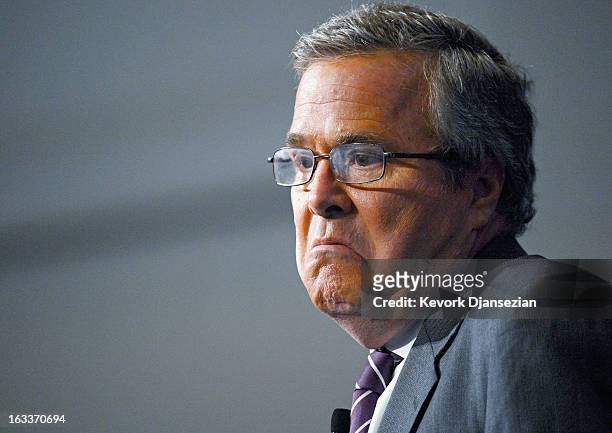 Former Florida Governor Jeb Bush speaks at the Reagan Library after autographing his new book "Immigration Wars: Forging an American Solution" on...