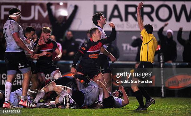 Jimmy Gopperth of the Falcons celebrates the winning Falcons try during the RFU Championship match between Newcastle Falcons and Bedford Blues at...