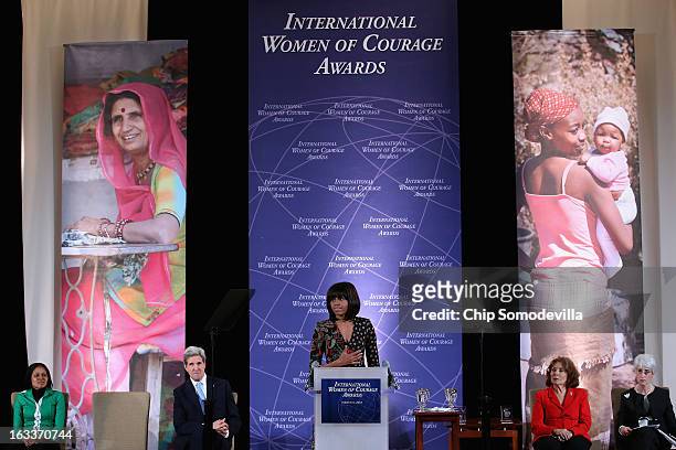 First lady Michelle Obama delivers remarks at the International Women of Courage Awards Ceremony at the State Department March 8, 2013 in Washington,...