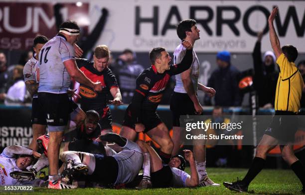 Jimmy Gopperth of the Falcons celebrates the winning Falcons try during the RFU Championship match between Newcastle Falcons and Bedford Blues at...